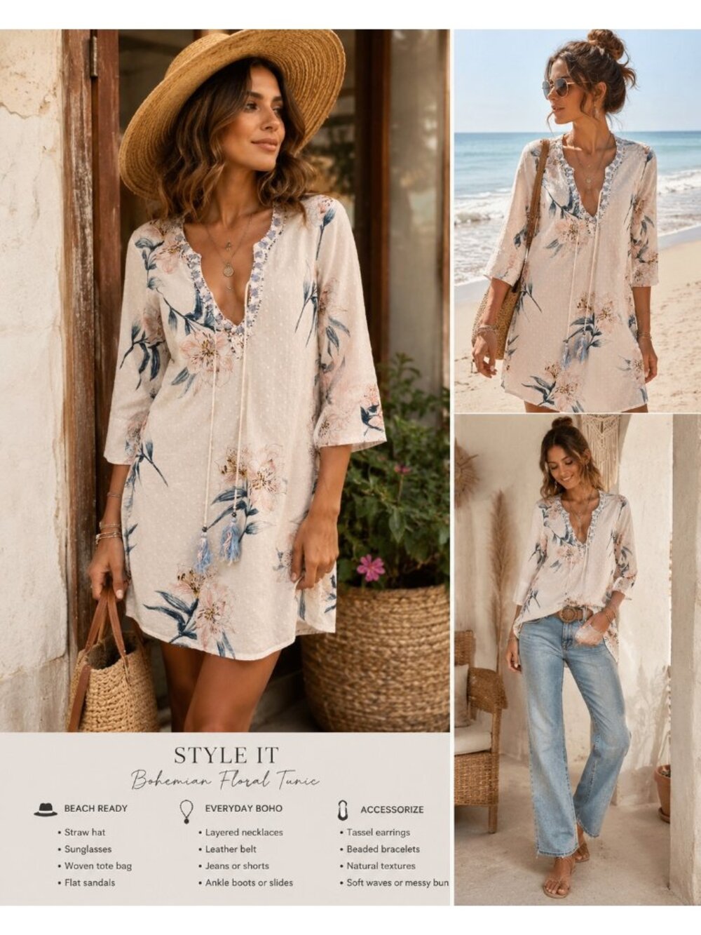Bohemian Artsy Floral Tunic Dress Sz S/M Beaded Neckline Dobby Dot Fabric